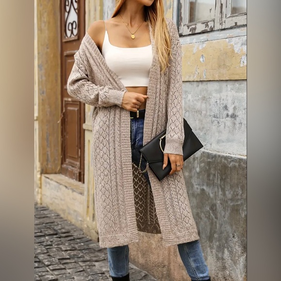 New Open Front Solid Crochet Hollow Cardigan Knit Long Sleeve Split Neutral NWT - Picture 4 of 16